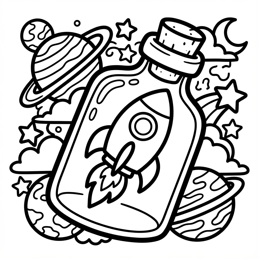 Cute windmill and smiling tulips in a jar with happy clouds, a delightful thick line coloring pages piece.